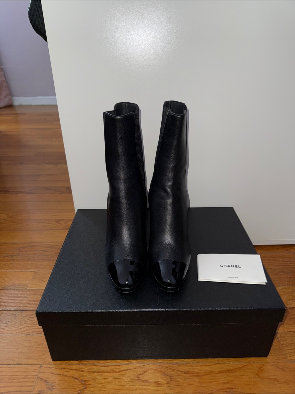 CHANEL Black Leather Mid-Calf Heeled Boots with CC Heel Logo - Picture 2 of 7